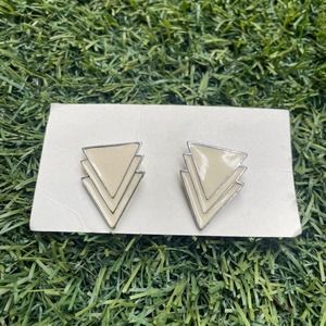 Vintage Trifari Silver Tone White Enamel Layered Triangle Earrings